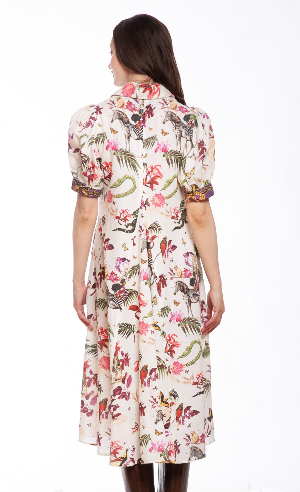 Womens back view midi dress with multicolor safari print and smocked short sleeves