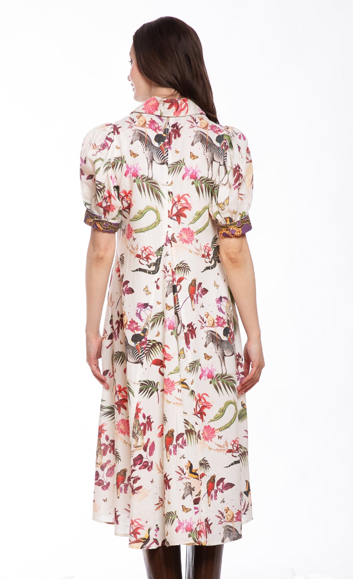 Womens back view midi dress with multicolor safari print and smocked short sleeves