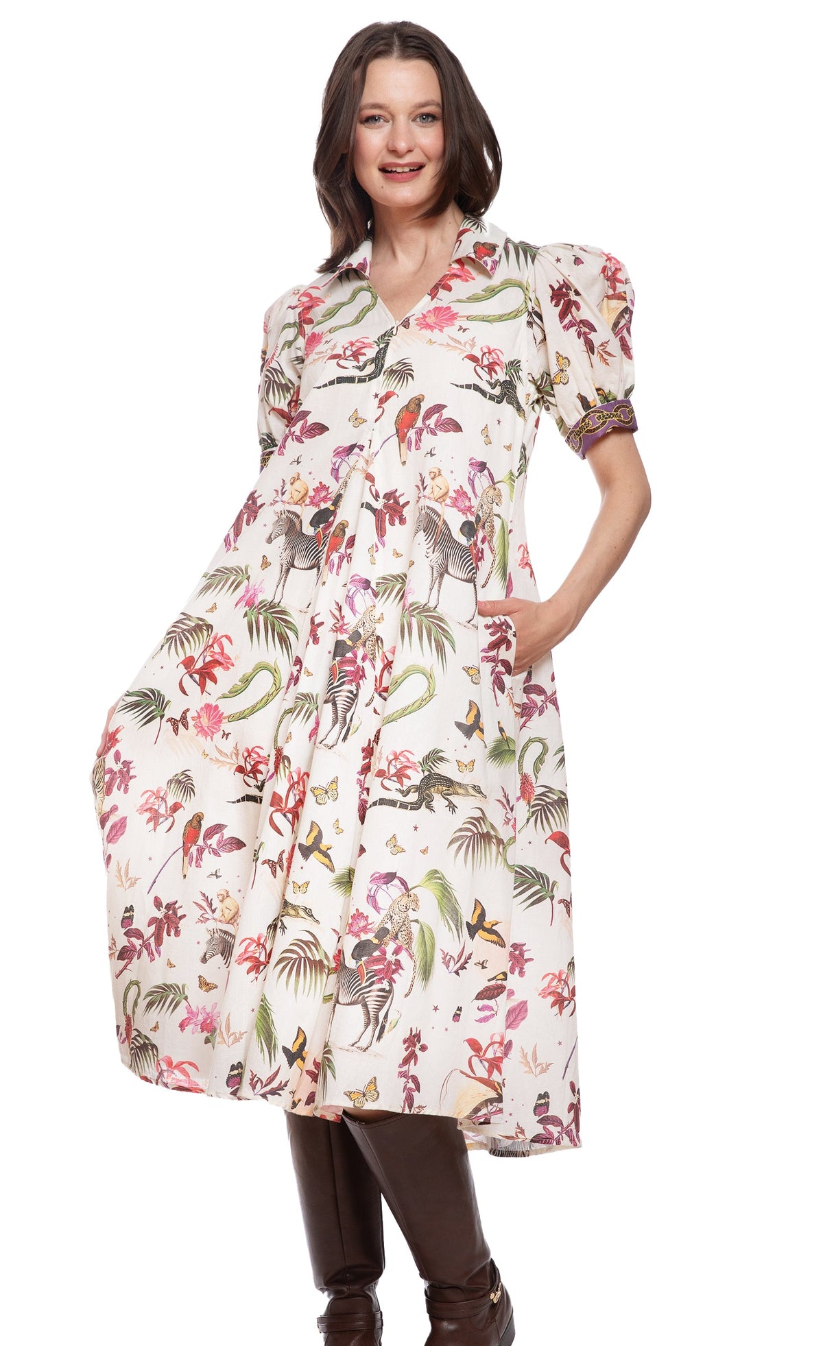 Womens short-sleeve midi dress with safari animal print, ruffled collar, gathered skirt