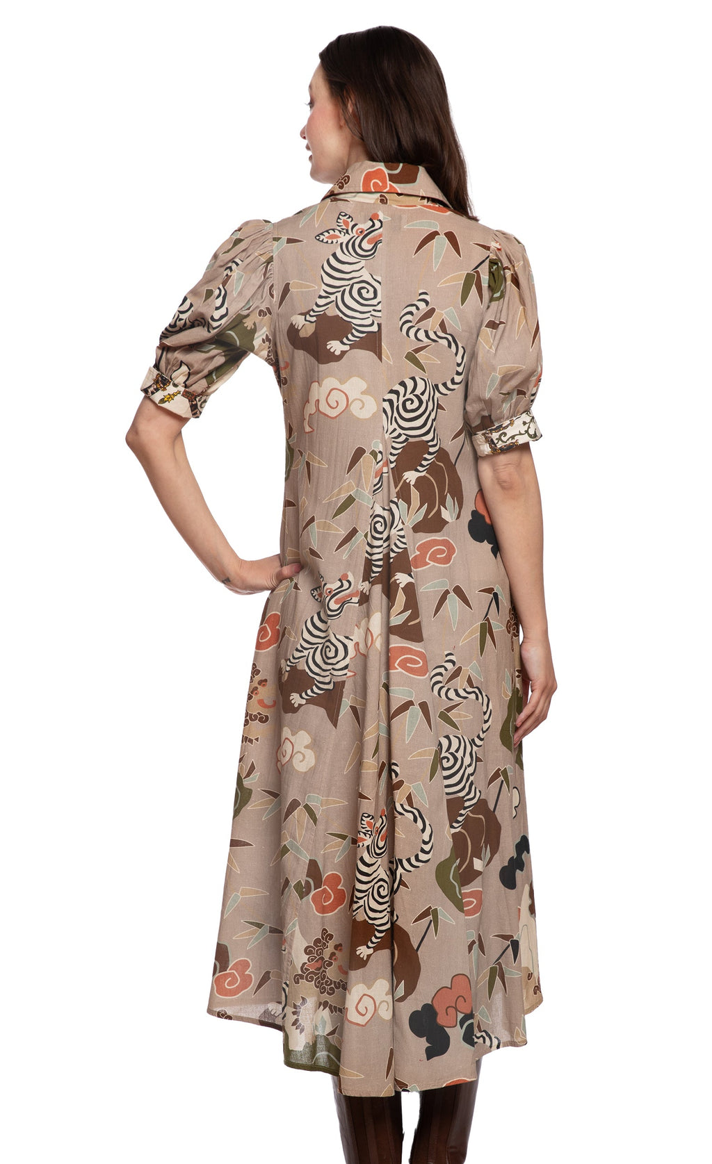 Back view of beige safari-print midi dress with 3/4 sleeves