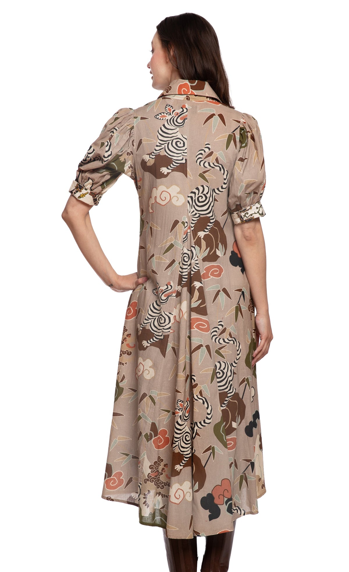 Back view of beige safari-print midi dress with 3/4 sleeves