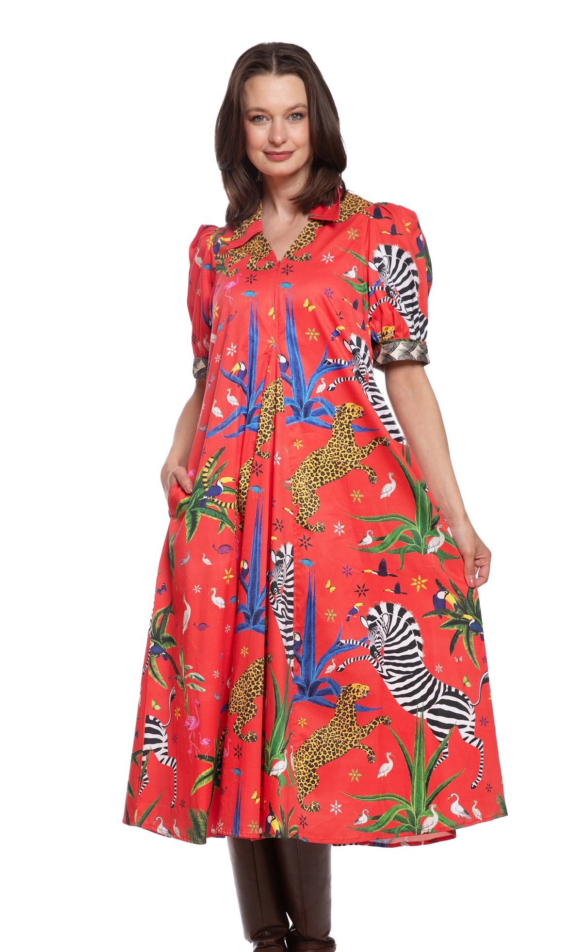 Red printed midi dress with zebra motifs, short puff sleeves, V-neck