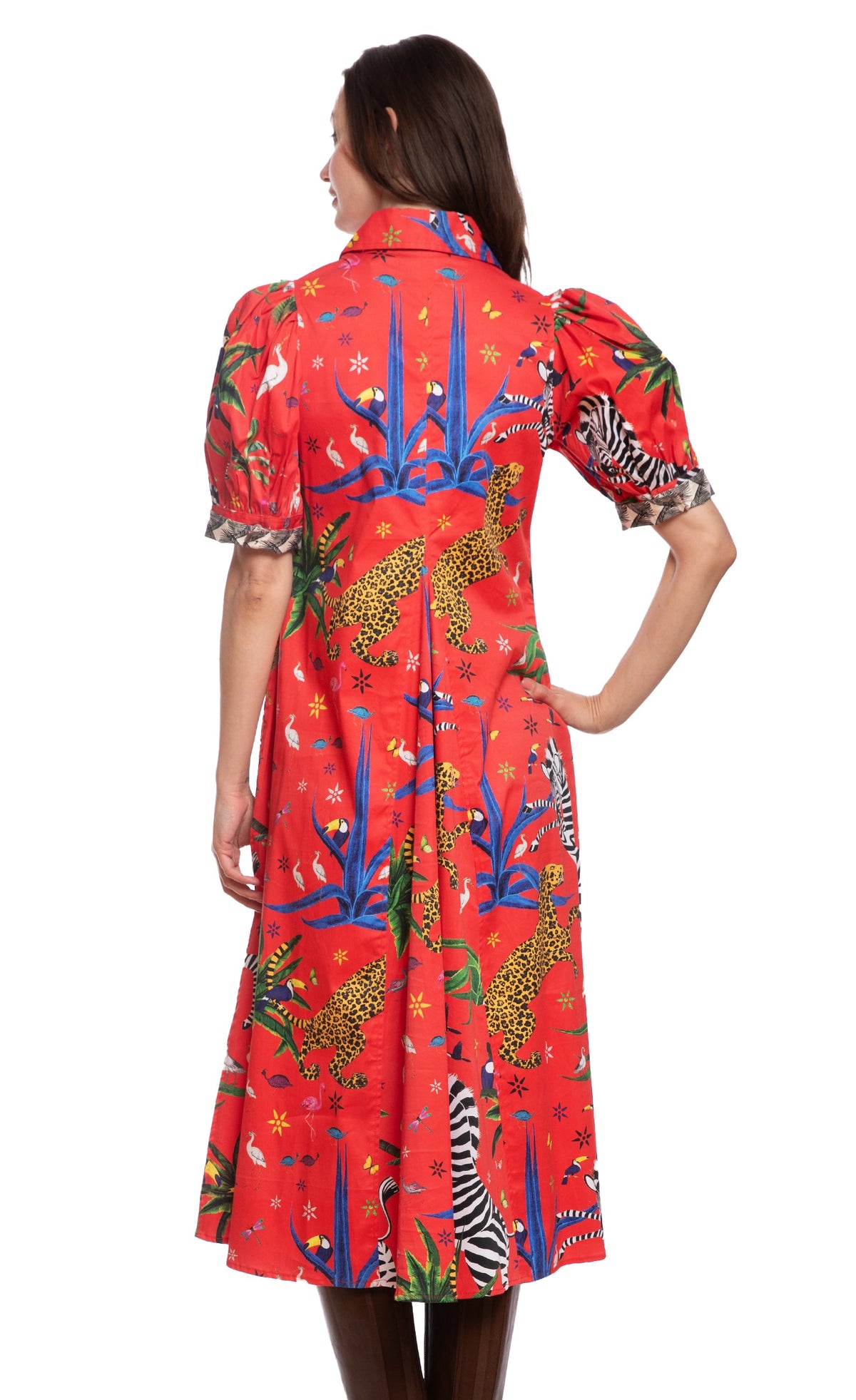 Red printed midi dress back view with zebra motifs and gathered puff sleeves