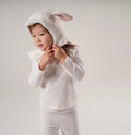 White sheep costume with hood and gray ear detail, two-piece with long sleeves
