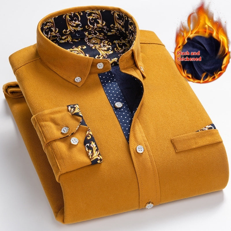 Men's corduroy fleece warm shirt in ginger yellow, button-up with chest pocket