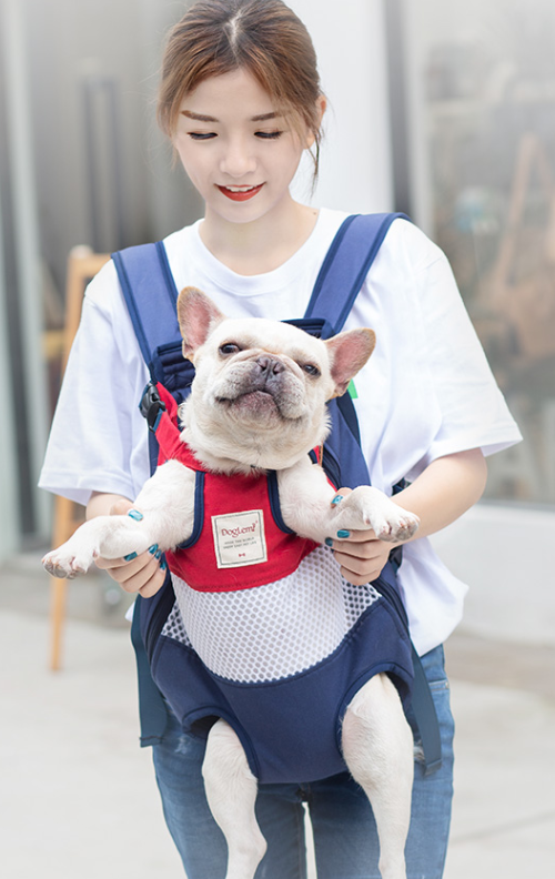 Navy pet carrier backpack with front mesh pocket and adjustable shoulder straps
