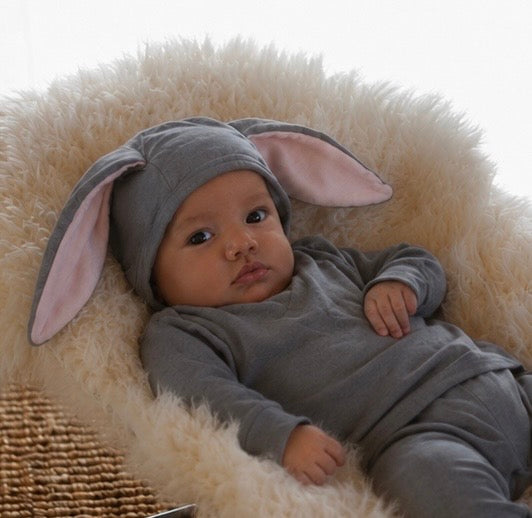 Grey bunny hooded baby pajama set with pink-lined long ears