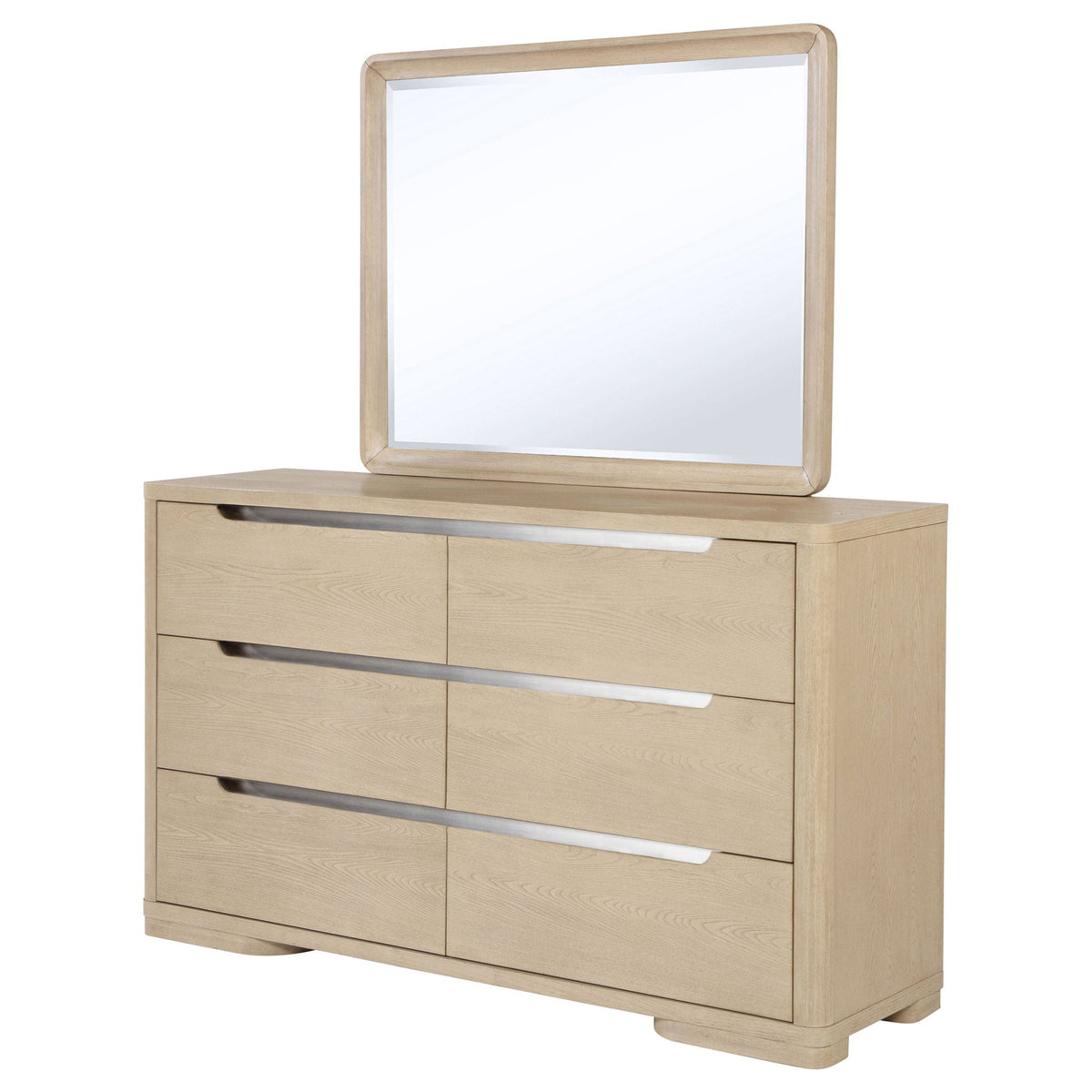 Light elm 6-drawer dresser with square mirror and three horizontal bar pulls