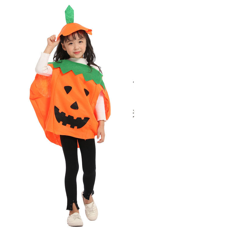 Child pumpkin costume poncho with jack-o-lantern face and orange-and-green hat, black leggings
