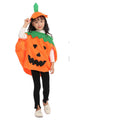Child pumpkin costume poncho with jack-o-lantern face and orange-and-green hat, black leggings