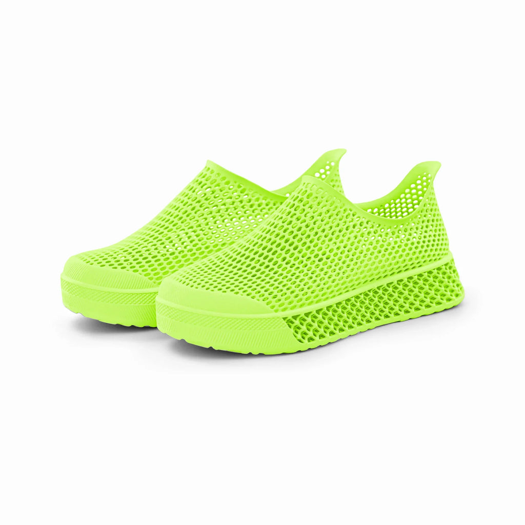 Neon green 3D-printed casual sneakers front view with slip-on knit collar