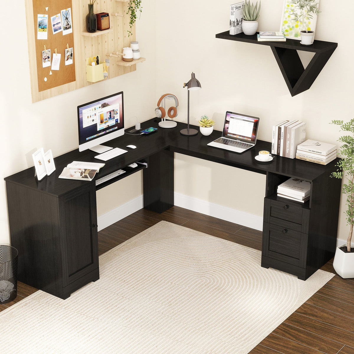 Black L-shaped computer desk with drawers and open shelves for monitor and keyboard