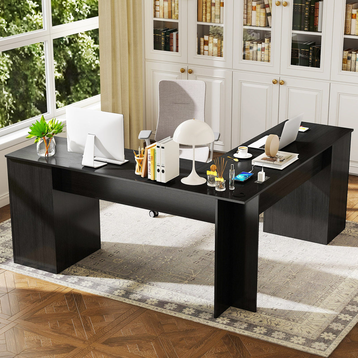 L-shaped writing desk with drawers in black finish, wide desktop and side storage cabinets