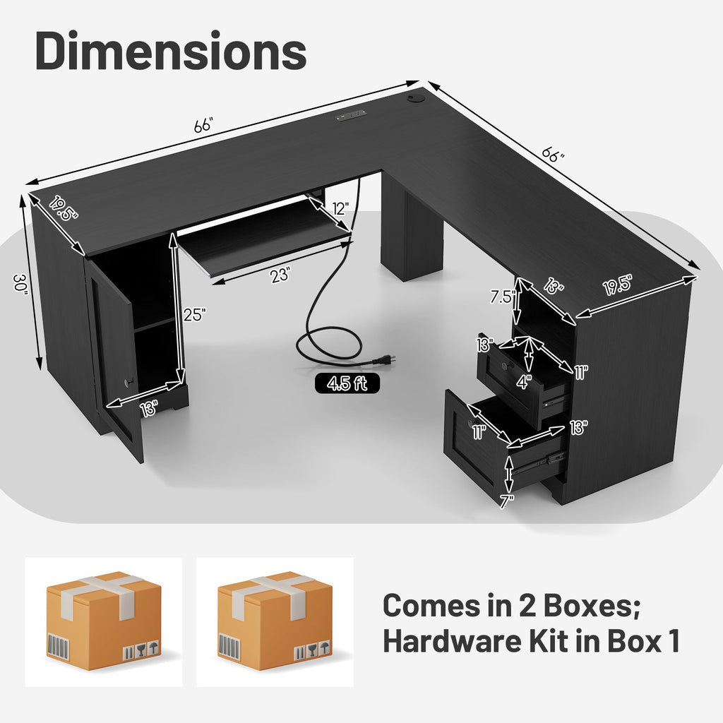 L-shaped workstation desk dimensions diagram with drawers and cable area