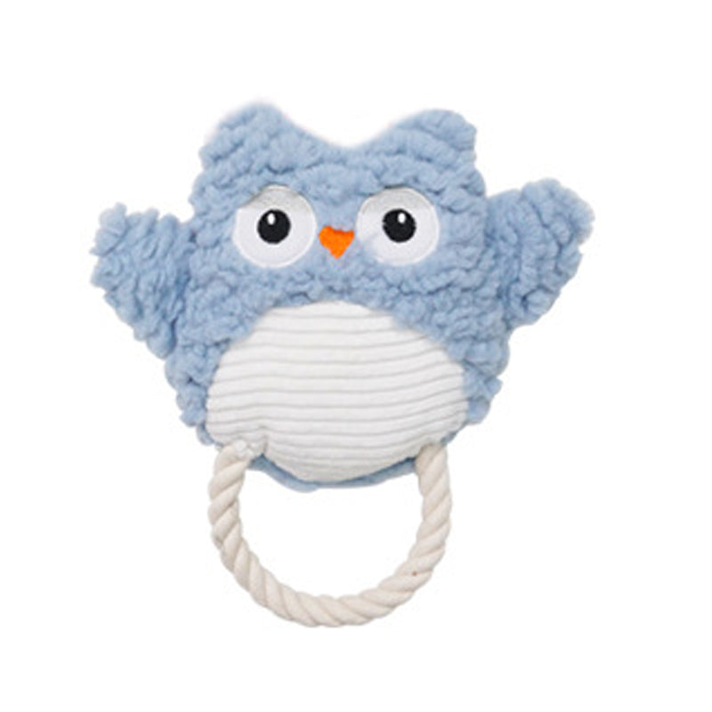 Blue corduroy plush owl dog toy with striped belly and dangling rope