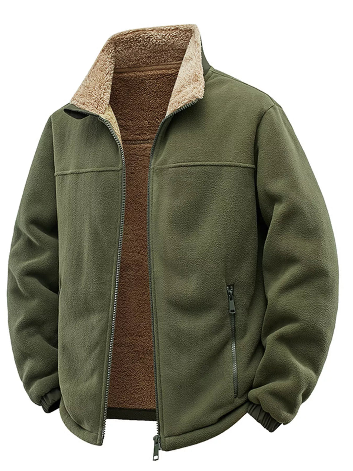 Men's plus-size zip-up fleece jacket, army green with tan sherpa lining and side pockets.
