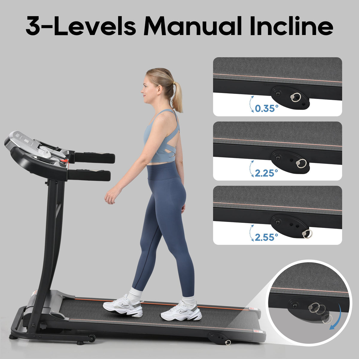 Black folding treadmill with three-level manual incline adjustment and textured running deck
