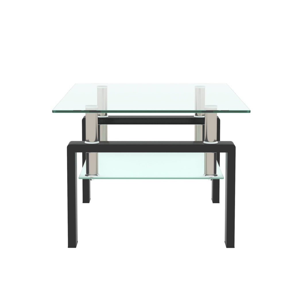 Rectangular black glass coffee table front view with clear top and glass shelf