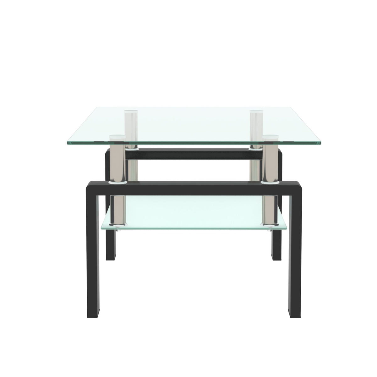 Rectangular black glass coffee table front view with clear top and glass shelf