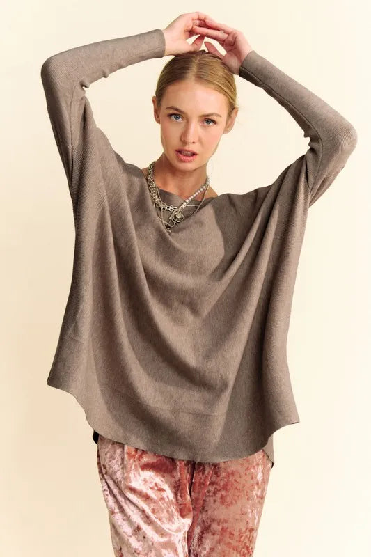 Coffee brown round-neck knit top with dropped shoulders and long sleeves