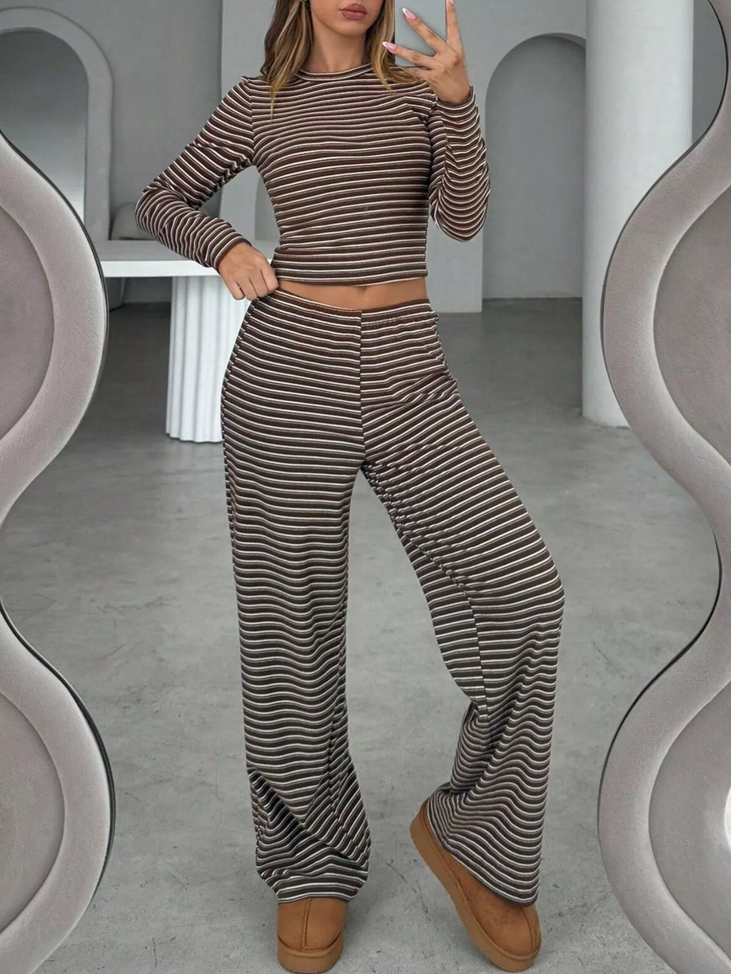 Coffee brown striped long-sleeve crop top with wide-leg matching pants