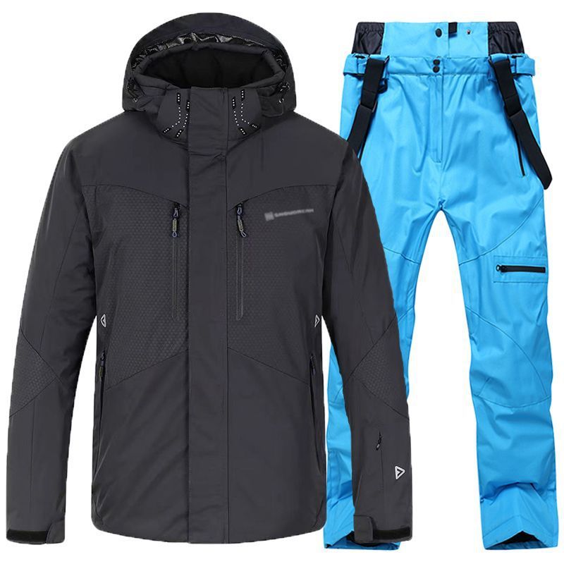 Men's black waterproof insulated ski jacket and bright blue ski pants set