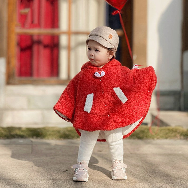 Red plush hooded cape with rabbit patch and button front for kids