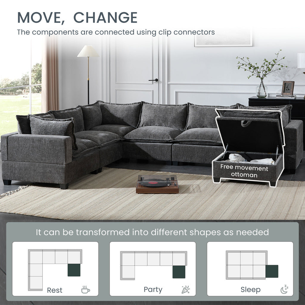 Gray chenille sectional sofa with movable storage ottoman corner and cushions.