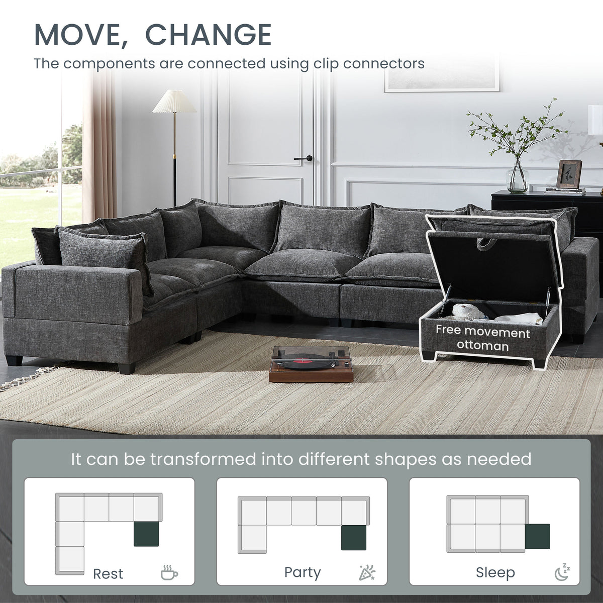 Gray chenille sectional sofa with movable storage ottoman corner and cushions.