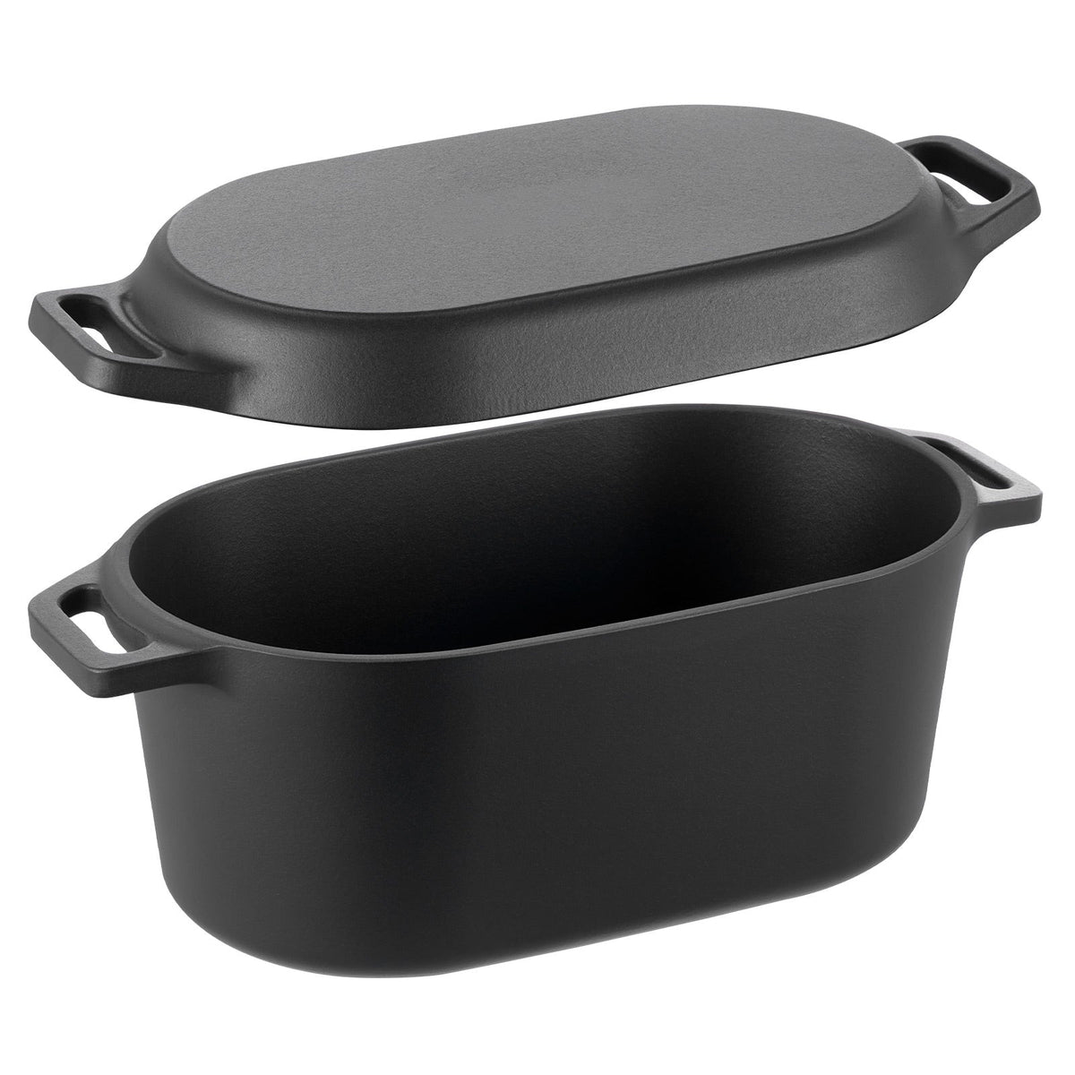 Black enameled cast iron Dutch oven with matching lid and side handles