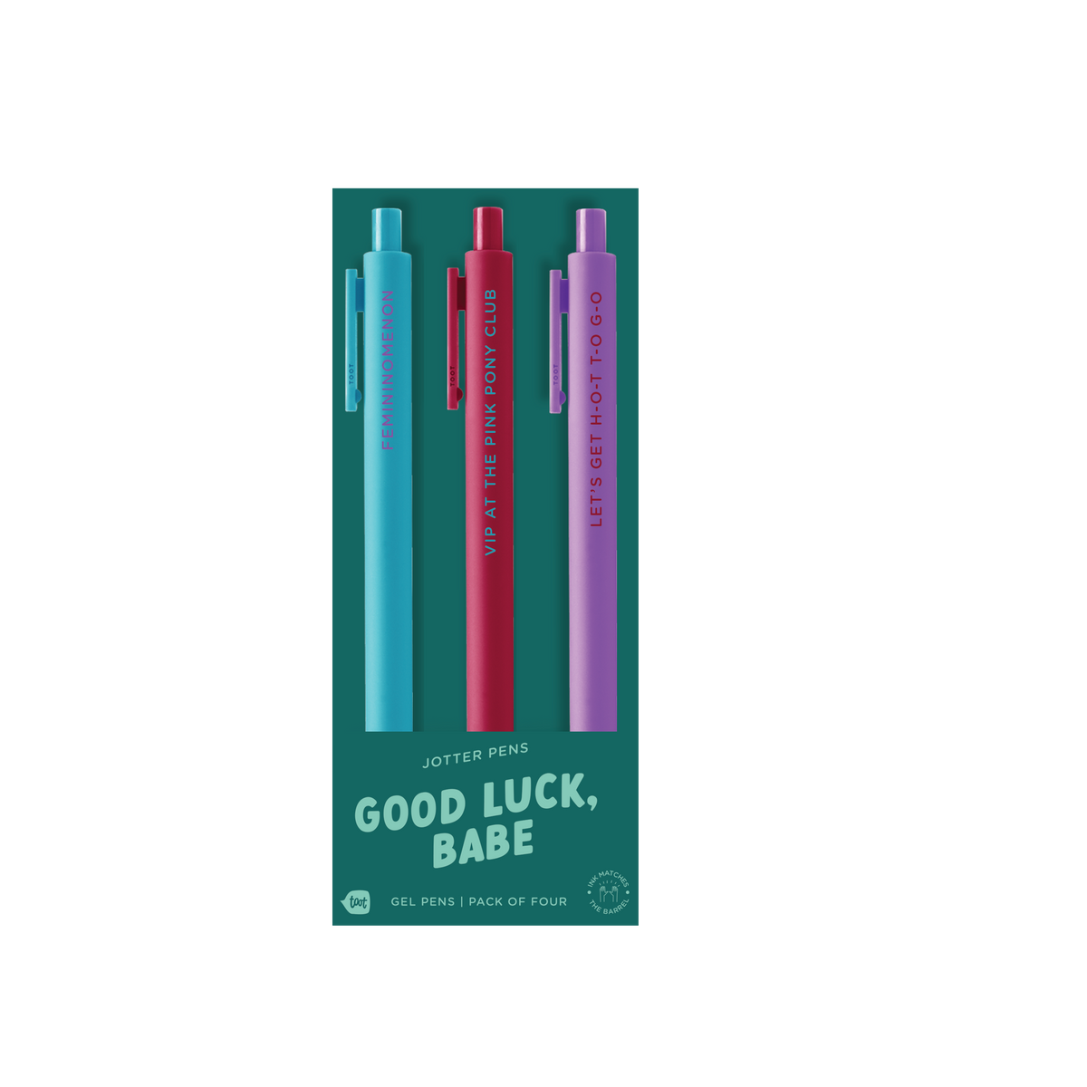 Jotter pen set (3-pack) with teal, red, and purple gel pens in a retail box
