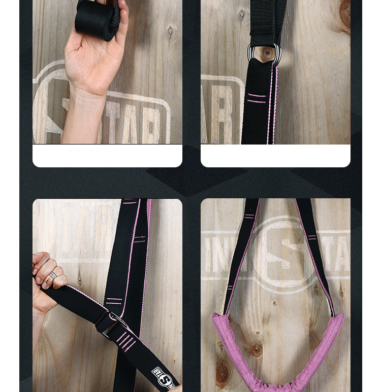 Yoga stretch band with multiple hand loops and hanging strap for anchoring