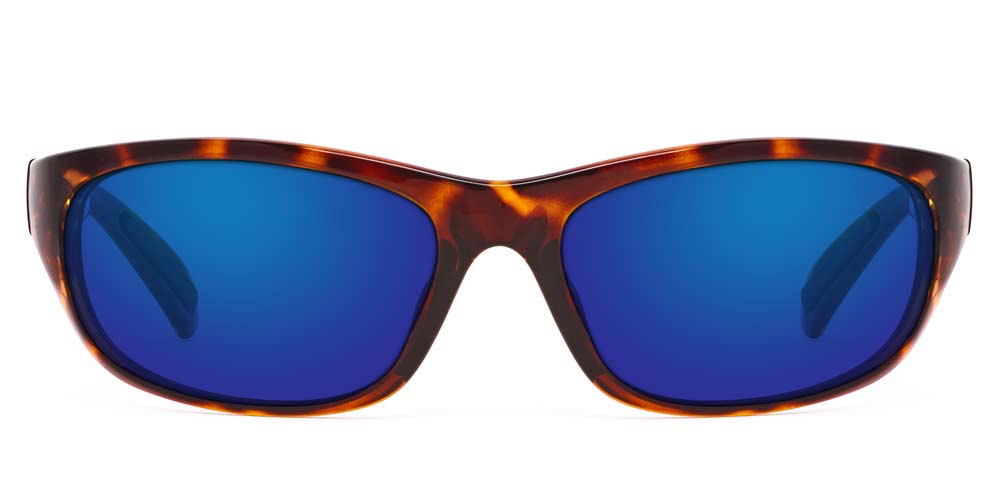 Oak Harbor tortoise sunglasses with blue polarized lenses, front view
