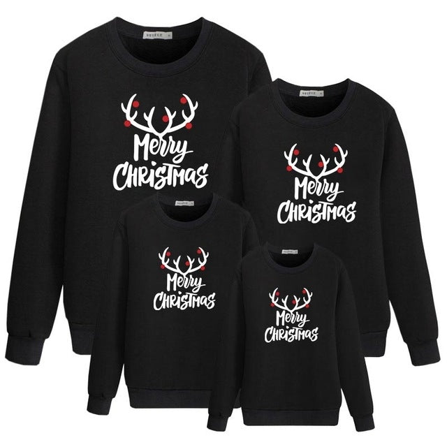 Black family Christmas crewneck sweaters, reindeer and 'Merry Christmas' print (set of 4).