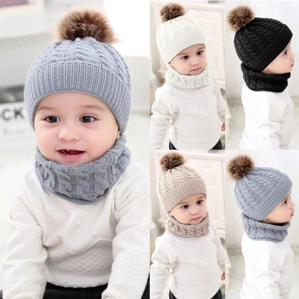 Kids knit beanie and scarf set, light gray with brown pom pom