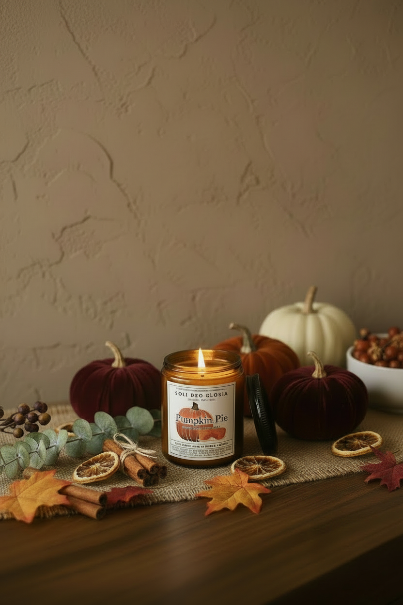 Lit beeswax candle in dark brown glass jar with amber flame on a tabletop.