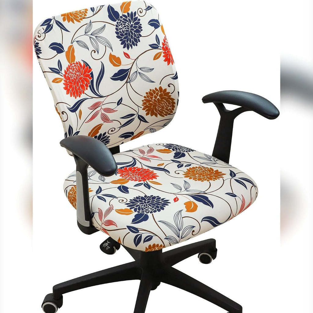 FORCHEER stretch office chair cover with white floral pattern for seat and backrest