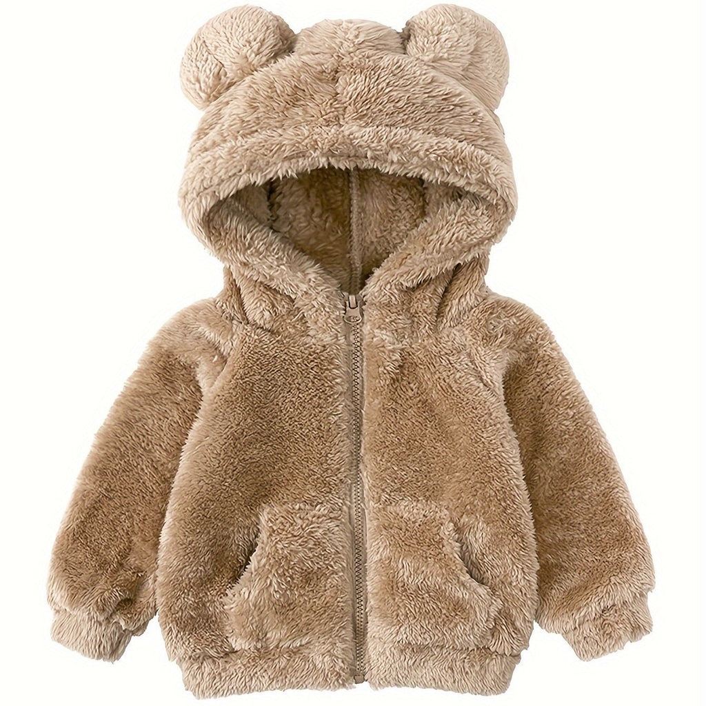 Camel fuzzy hooded baby jacket with ear design and front zip