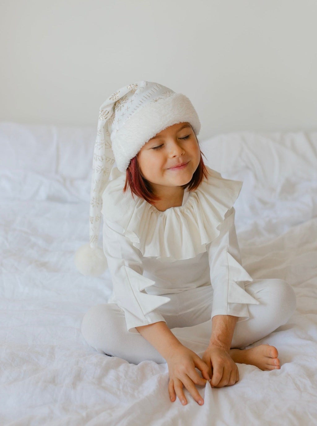 White elf costume set for kids with hooded hat and ruffled tunic