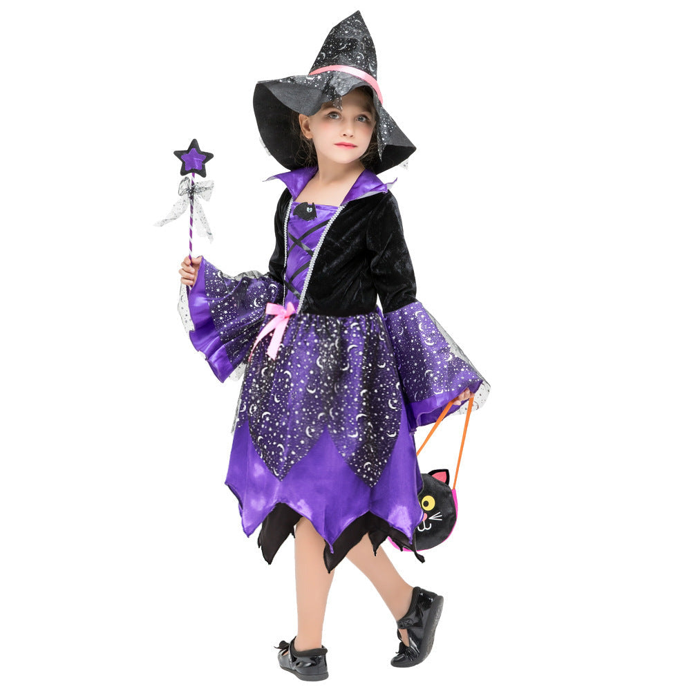 Purple and black witch costume with pointed hat, wand, and layered skirt