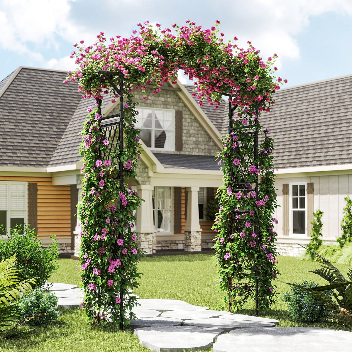 Black metal garden arch trellis with lattice panels for climbing plants