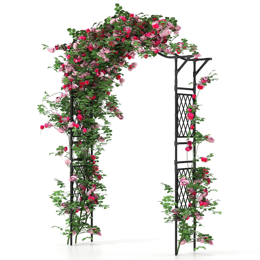 Freestanding black metal arch trellis with cross-hatched lattice on posts