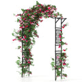 Freestanding black metal arch trellis with cross-hatched lattice on posts