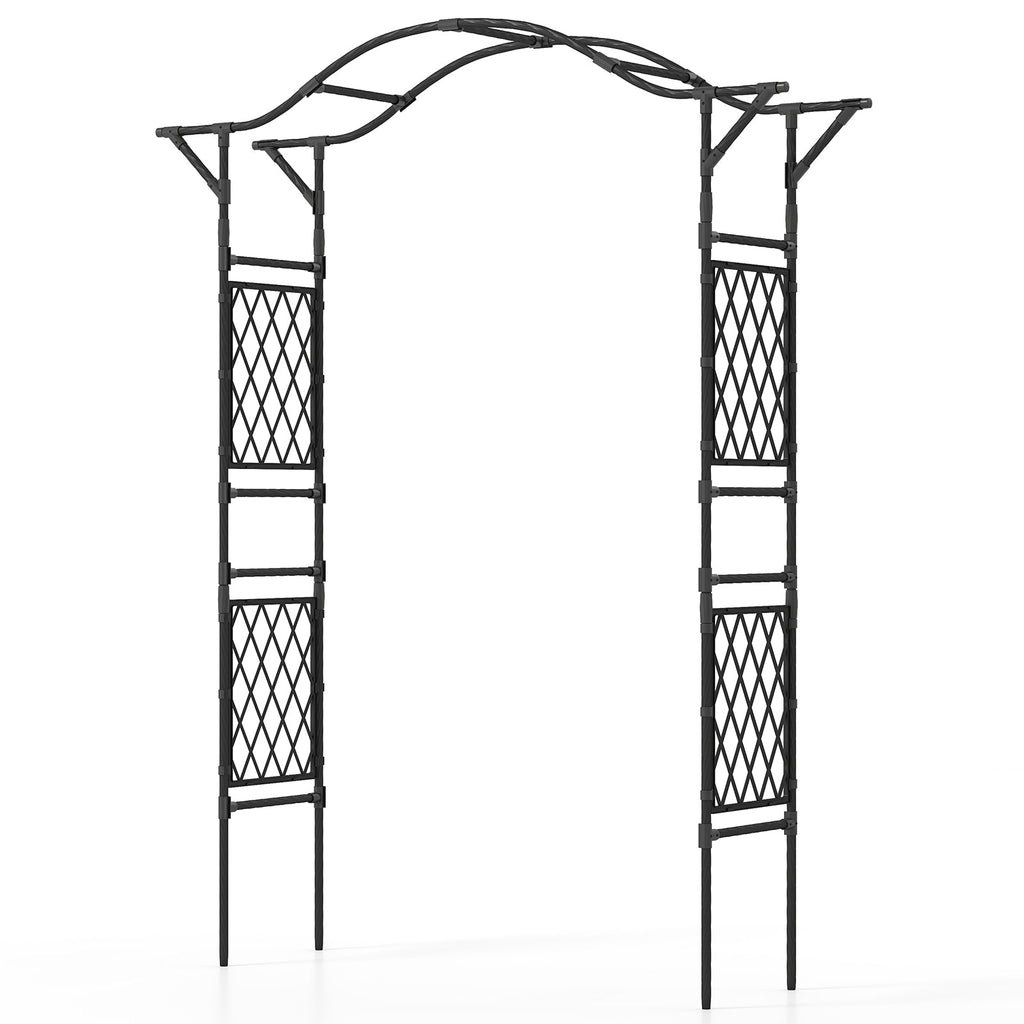 Black metal garden arch trellis frame with lattice panels, arched top