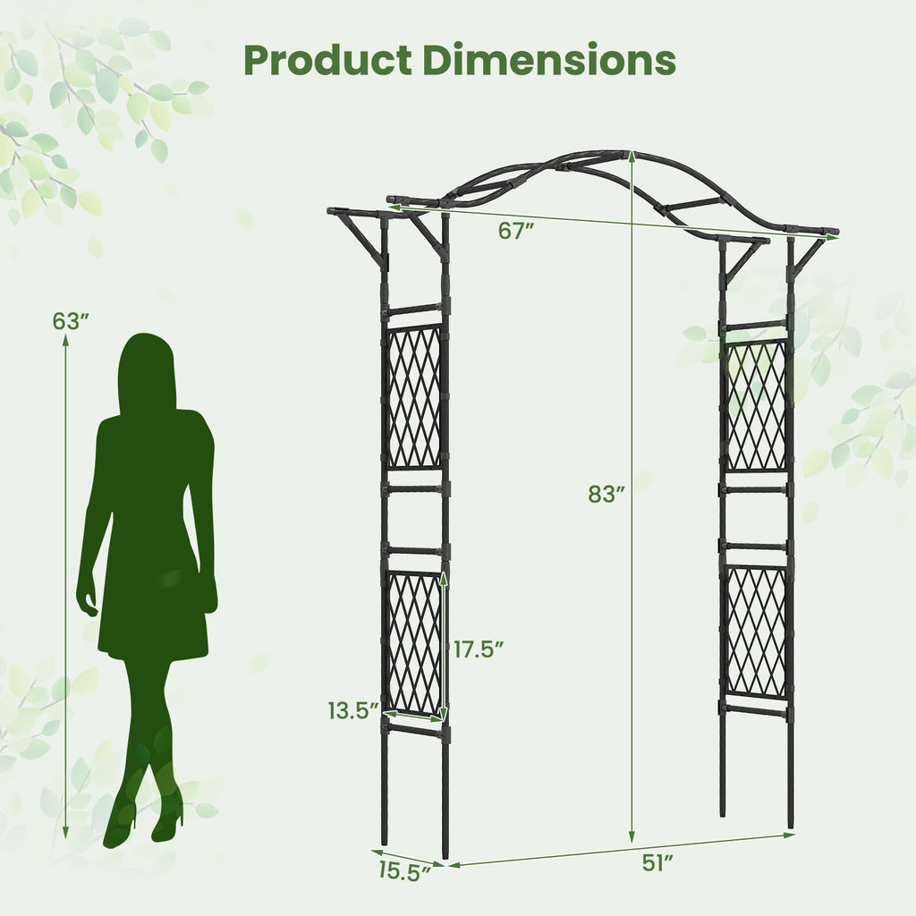 Black metal arch trellis with measurements-style layout and lattice side panels