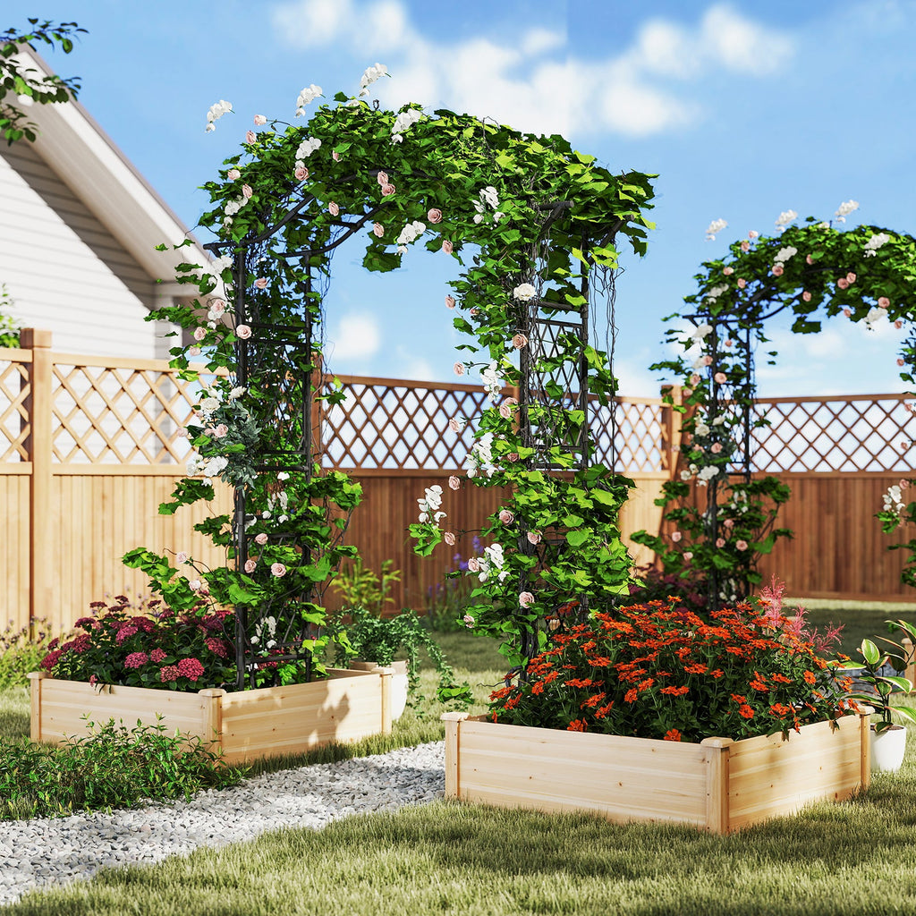 Black metal arch trellis for climbing plants with lattice trellis sections
