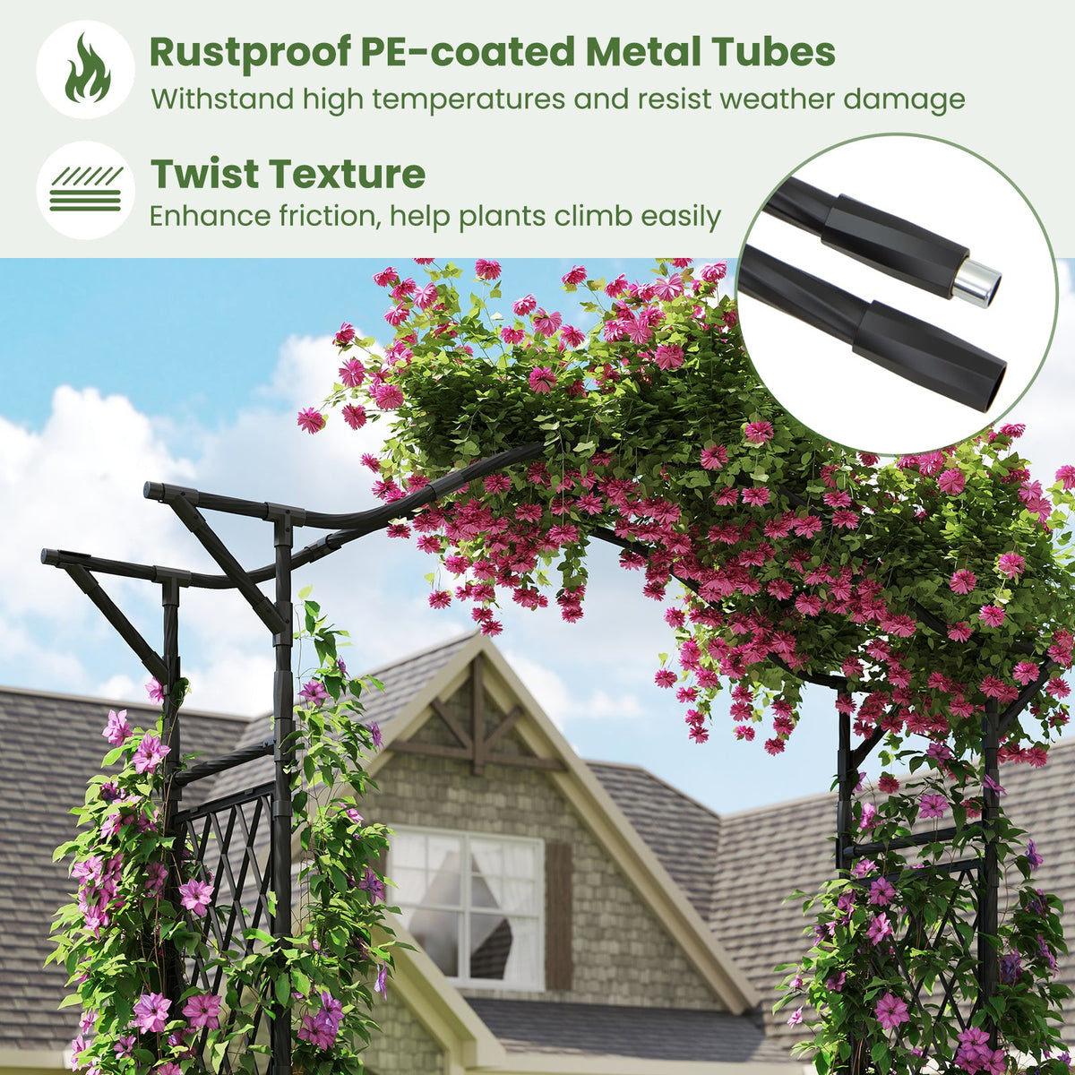 Black metal garden arch trellis with twist-texture rails and lattice openings