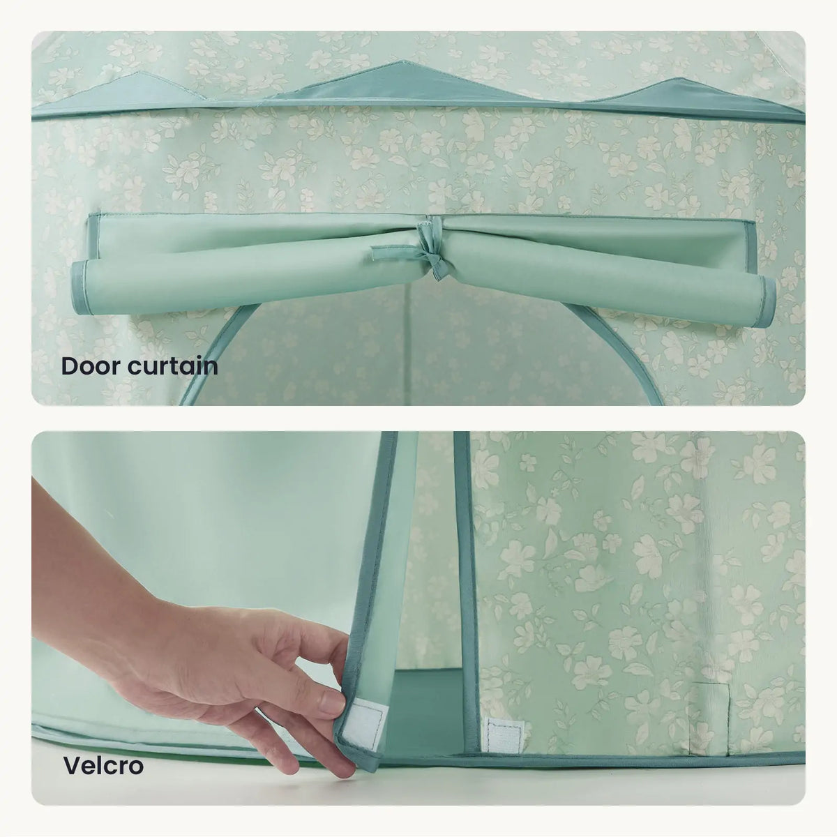Mint-green play tent door curtain and hook-and-loop closure detail