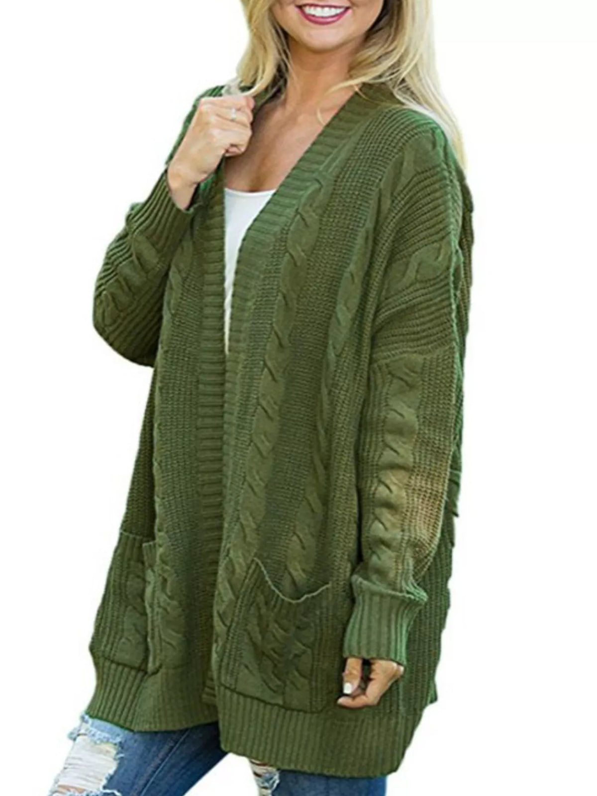 Green chunky knit open-front cardigan in a relaxed fit with patch pockets
