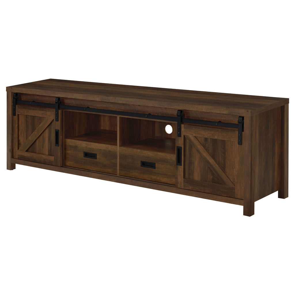 Dark pine engineered wood TV stand with two doors, center compartments, and drawer
